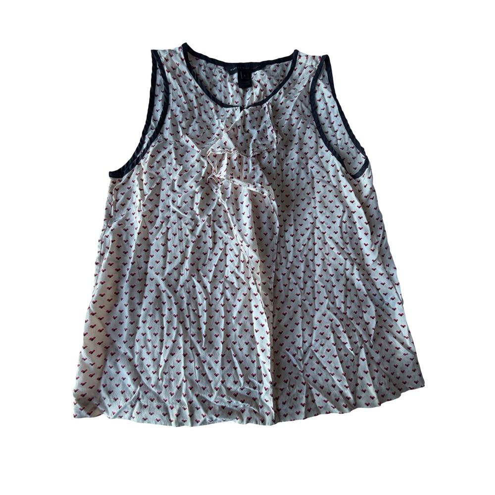 Marc by Marc Jacobs Silk Heart Print Ruffle Sleeveless Blouse Cream Red Large